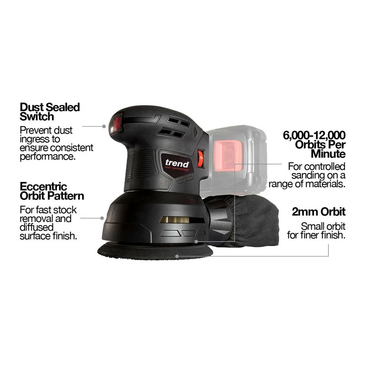 Trend T18S/ROS125B 18V 5 Inch/125mm Brushless Random Orbital Sander (Body Only) - Image 7