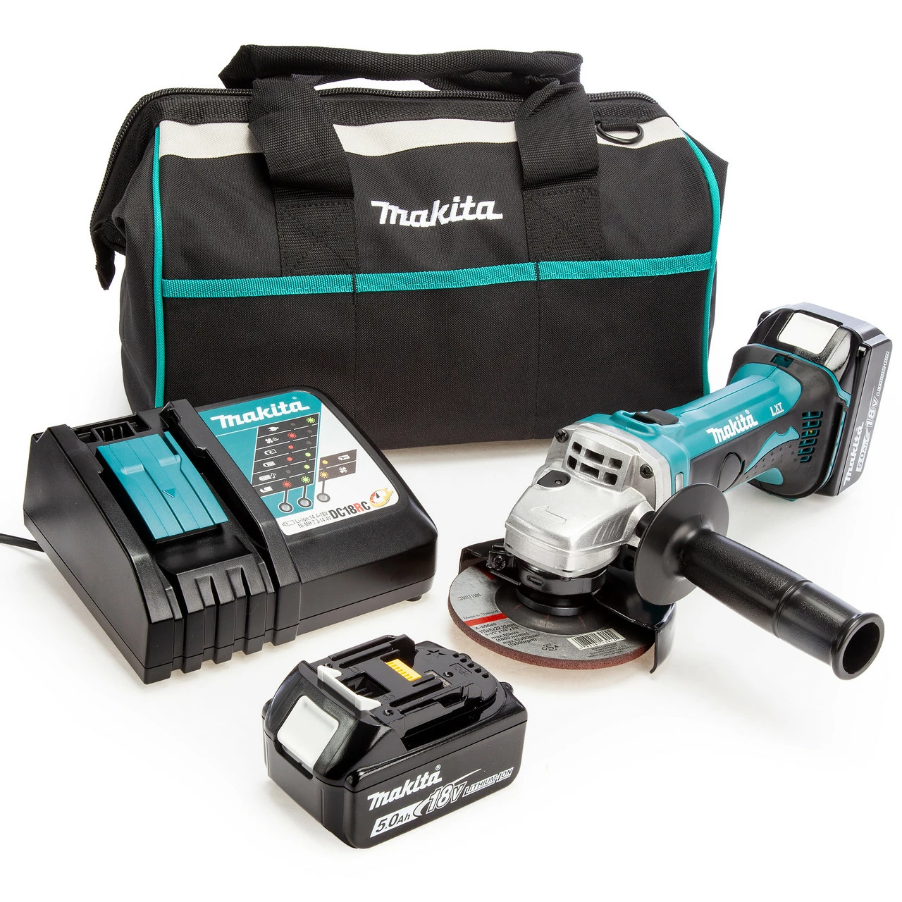 Makita DGA452 18V LXT 4.5 Inch/115mm Angle Grinder, Toolbag, Charger (2 X 5.0Ah Batteries)